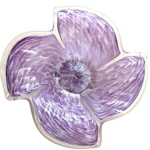 Murano Art Glass Purple Swirl Flower Bowl Made in Italy White Crystal Label